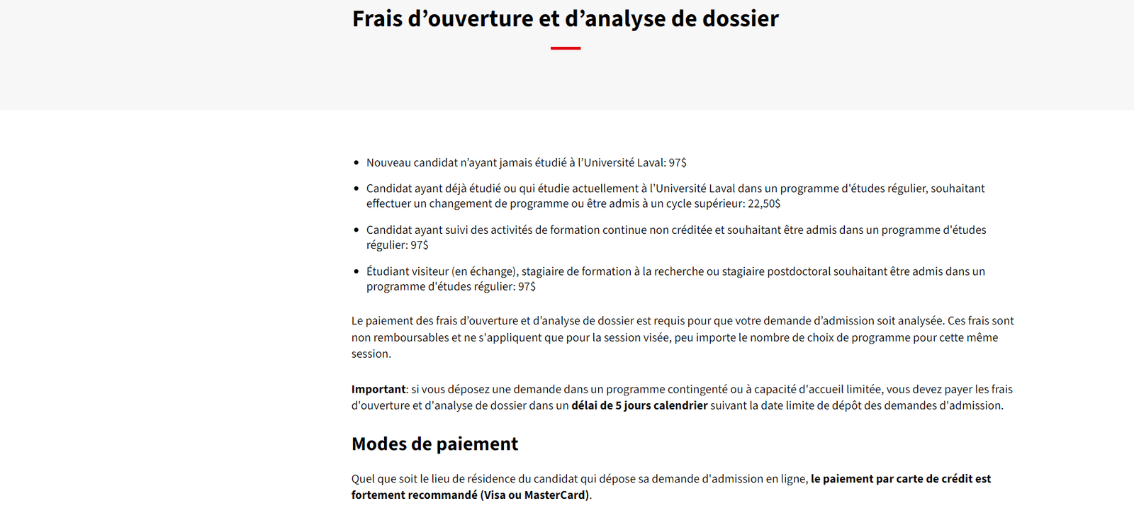 Frais d’ouverture et d’analyse de dossier à l'université Laval